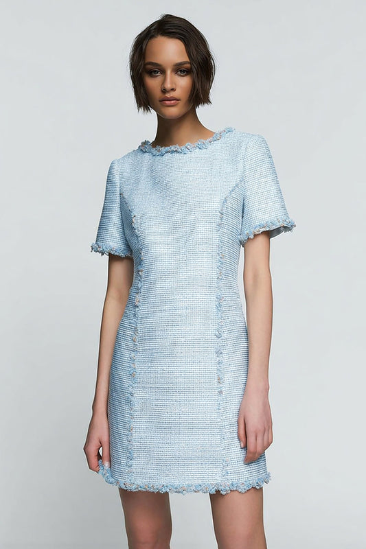 Sky Blue Tweed Short Pencil Homecoming Outfits with Sleeves