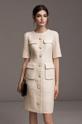 Ivory Tweed Pencil Pearls Short Sleeves Homecoming Outfits with Buttons