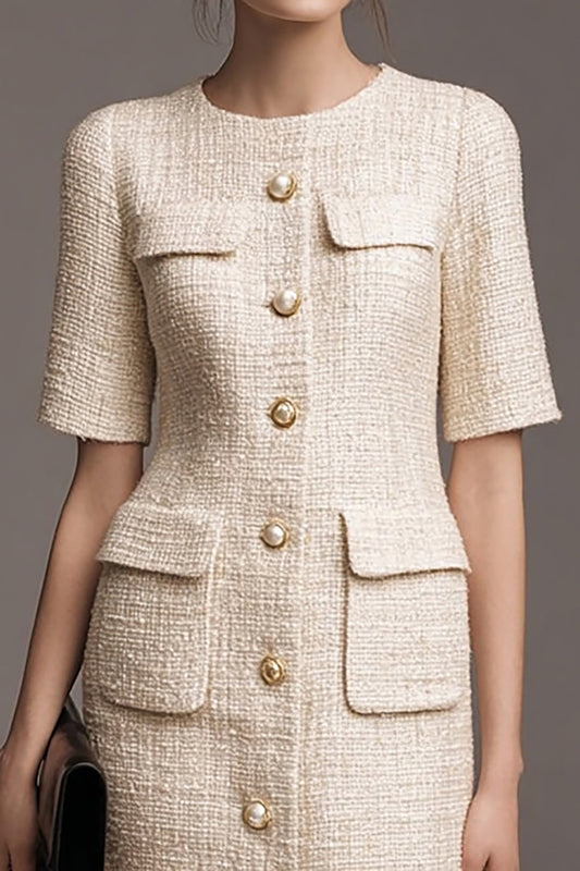 Ivory Tweed Pencil Pearls Short Sleeves Homecoming Outfits with Buttons