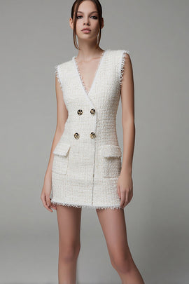 Ivory Tweed V-Neck Tight Buttons Short Homecoming Outfits with Pockets