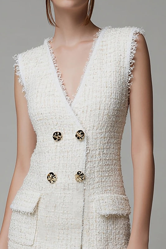 Ivory Tweed V-Neck Tight Buttons Short Homecoming Outfits with Pockets