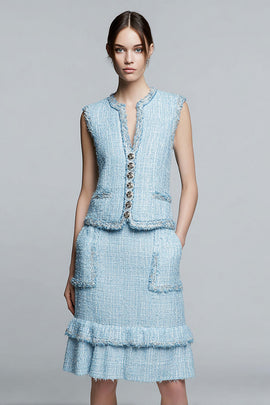 Sky Blue 2 Piece Tweed Buttons Blazer Homecoming Outfits with Ruffles