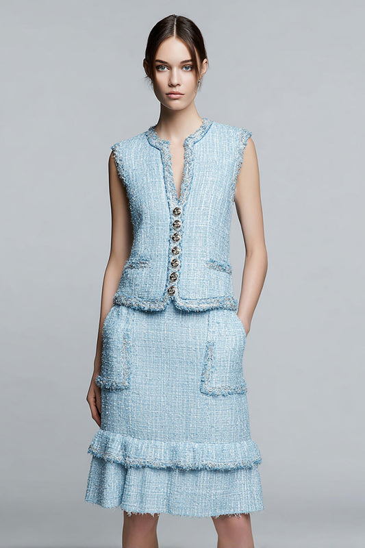 Sky Blue 2 Piece Tweed Buttons Blazer Homecoming Outfits with Ruffles