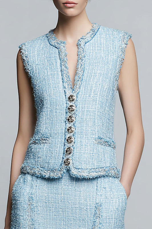 Sky Blue 2 Piece Tweed Buttons Blazer Homecoming Outfits with Ruffles