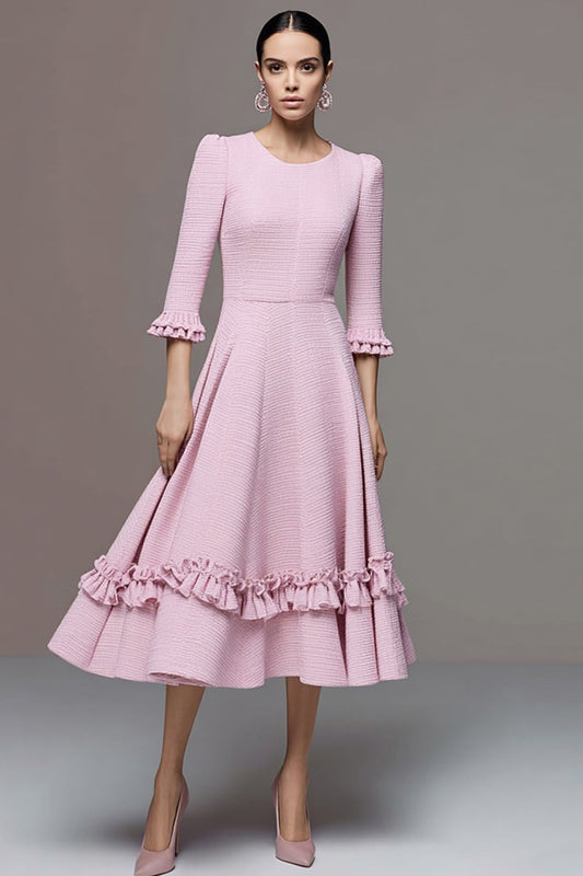 Pink Ruffled Tweed A Line Midi Homecoming Outfits with Sleeves