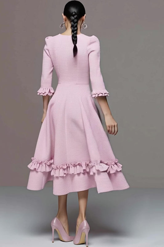 Pink Ruffled Tweed A Line Midi Homecoming Outfits with Sleeves