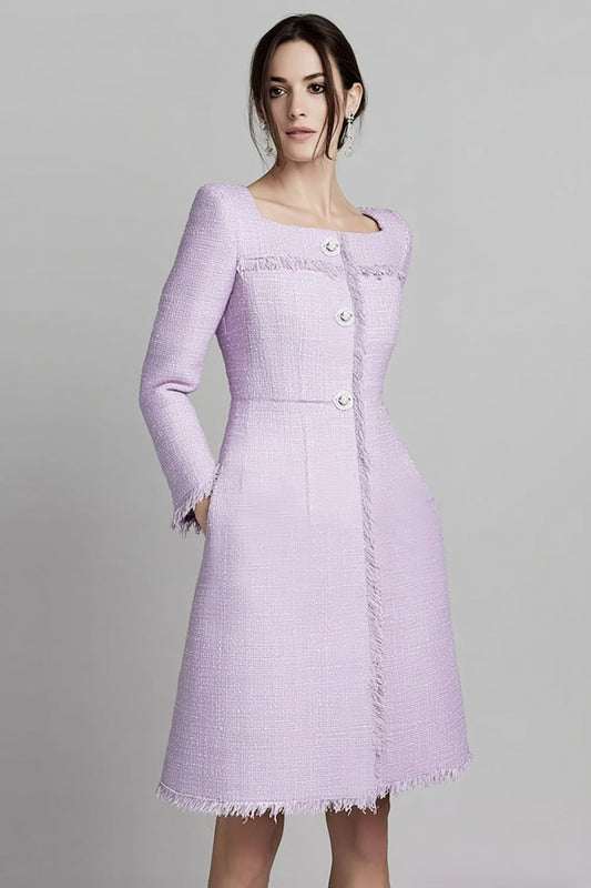 Lilac Tweed Square Neck A Line Midi Homecoming Outfits with Sleeves