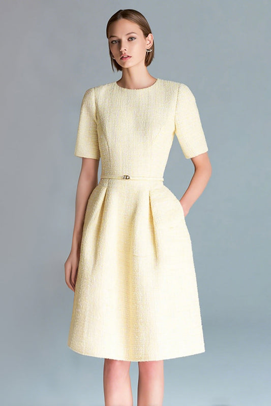 Light Yellow Round Neck A Line Tweed Homecoming Outfits with Sleeves