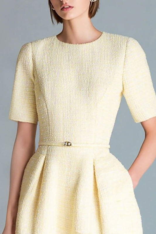 Light Yellow Round Neck A Line Tweed Homecoming Outfits with Sleeves