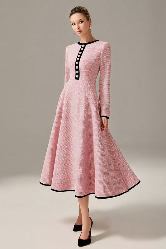 Pink Tweed A Line Long Sleeves Midi Homecoming Outfits with Buttons
