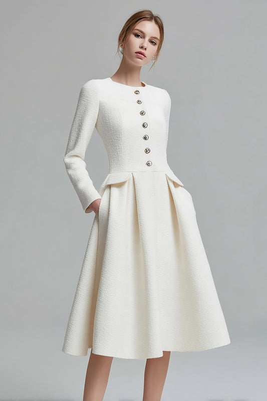 Ivory Tweed Long Sleeves A Line Midi Pageant Interview Dress with Pockets