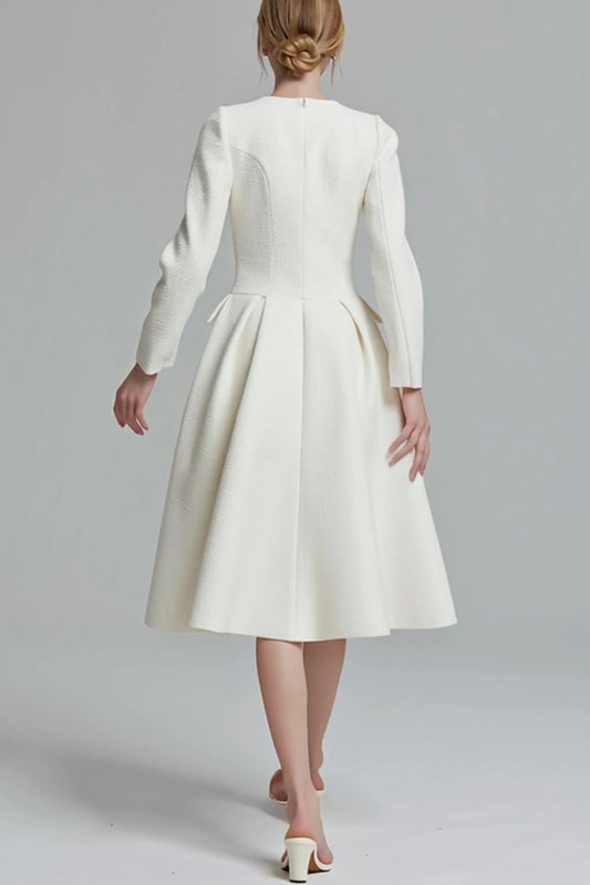 Ivory Tweed Long Sleeves A Line Midi Pageant Interview Dress with Pockets
