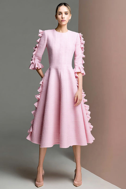 Pink Tweed Half Sleeves Midi Homecoming Dress with Ruffles