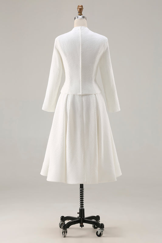 Ivory 2 Piece Tweed A Line Midi Homecoming Outfits with Pockets