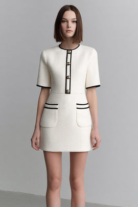 Ivory Tweed Round Neck Tight Short Pageant Interview Dress with Sleeves