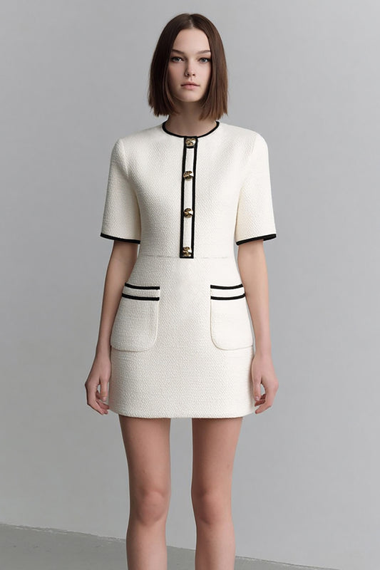 Ivory Tweed Round Neck Tight Short Pageant Interview Dress with Sleeves