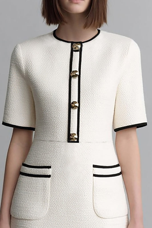 Ivory Tweed Round Neck Tight Short Pageant Interview Dress with Sleeves