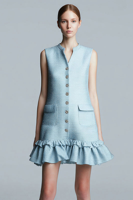 Sky Blue Tweed Tight Short Homecoming Dress with Ruffles