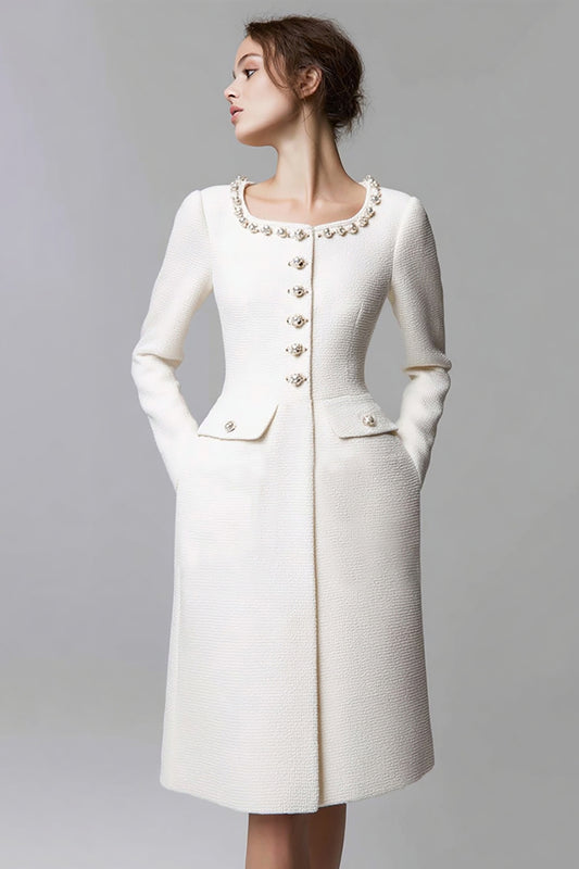 Ivory Tweed Tight Scoop Neck Short Pageant Interview Dress with Pearls