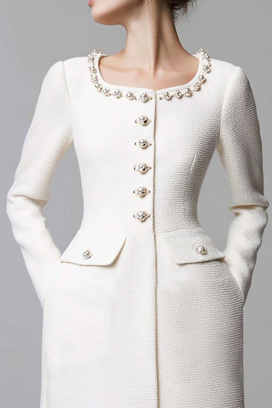 Ivory Tweed Tight Scoop Neck Short Pageant Interview Dress with Pearls