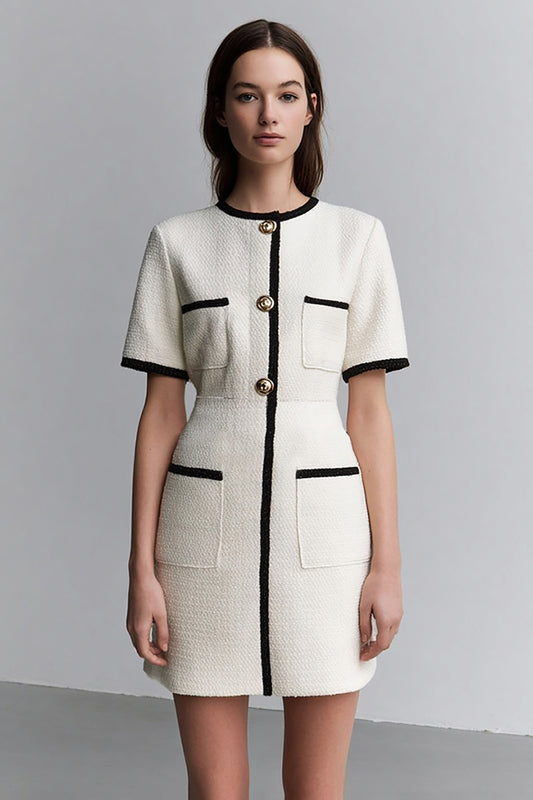 Ivory Round Neck Tweed Tight Short Pageant Interview Dress with Sleeves