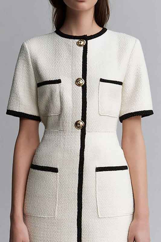 Ivory Round Neck Tweed Tight Short Pageant Interview Dress with Sleeves