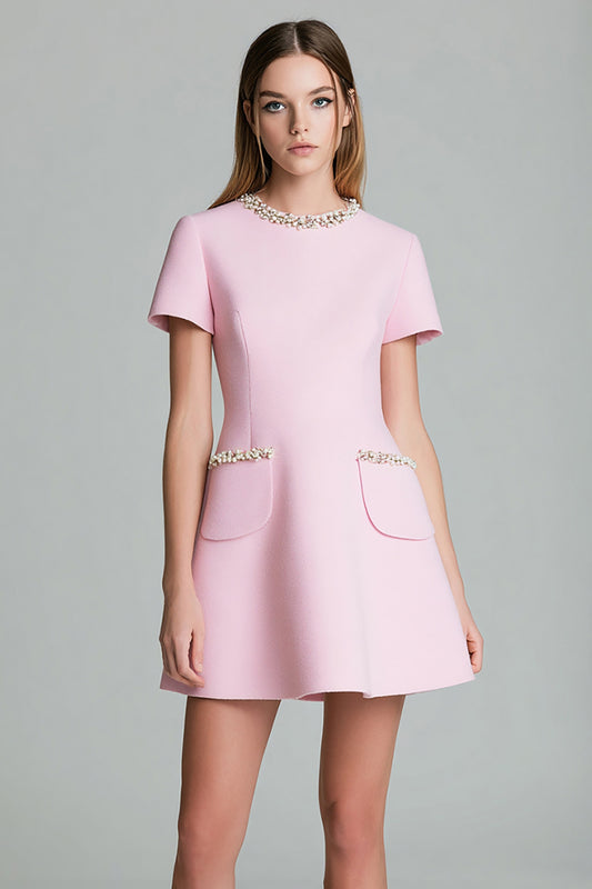 Pink A Line Round Neck Short Sleeves Homecoming Dress with Pearls