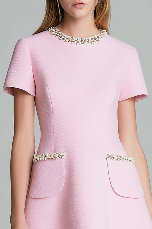 Pink A Line Round Neck Short Sleeves Homecoming Dress with Pearls