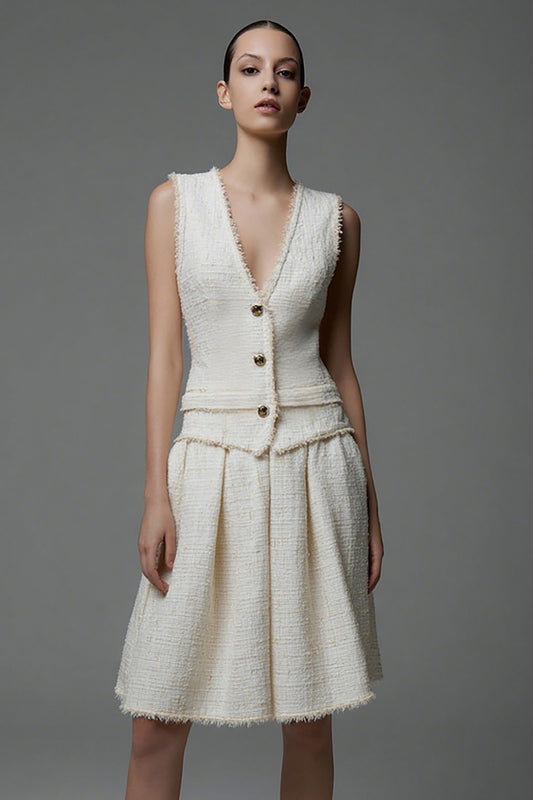 Ivory 2 Piece Tweed Short Homecoming Outfits with Buttons