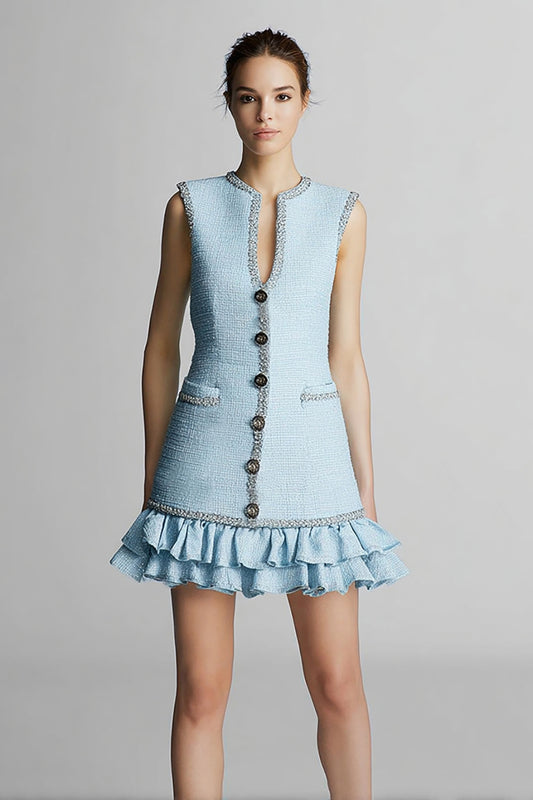 Sky Blue Tweed Tight Tiered Short Homecoming Dress with Ruffles