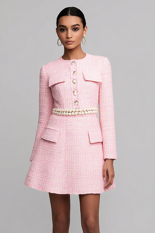 Pink Tweed A Line Long Sleeves Short Homecoming Dress with Pearls