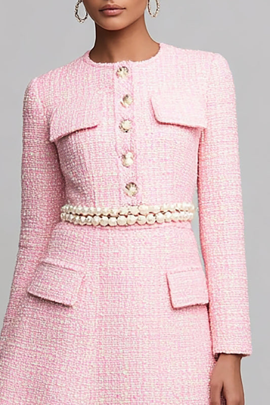 Pink Tweed A Line Long Sleeves Short Homecoming Dress with Pearls