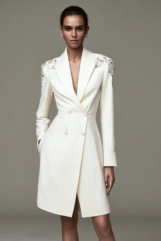 Ivory Satin Shawl Lapel Short Pencil Blazer Dress with Beading