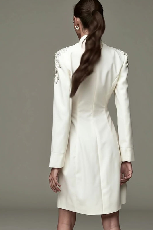 Ivory Satin Shawl Lapel Short Pencil Blazer Dress with Beading