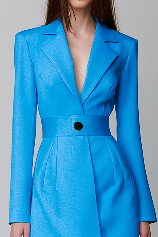 Blue Pencil Long Sleeves Notched Lapel Short Blazer Dress