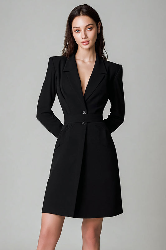 Peak Lapel Black Single Breasted Short Blazer Dress with Sleeves