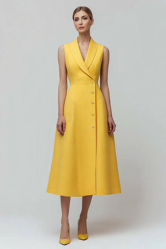 Yellow Shawl Lapel Single Breasted A Line Midi Blazer Dress
