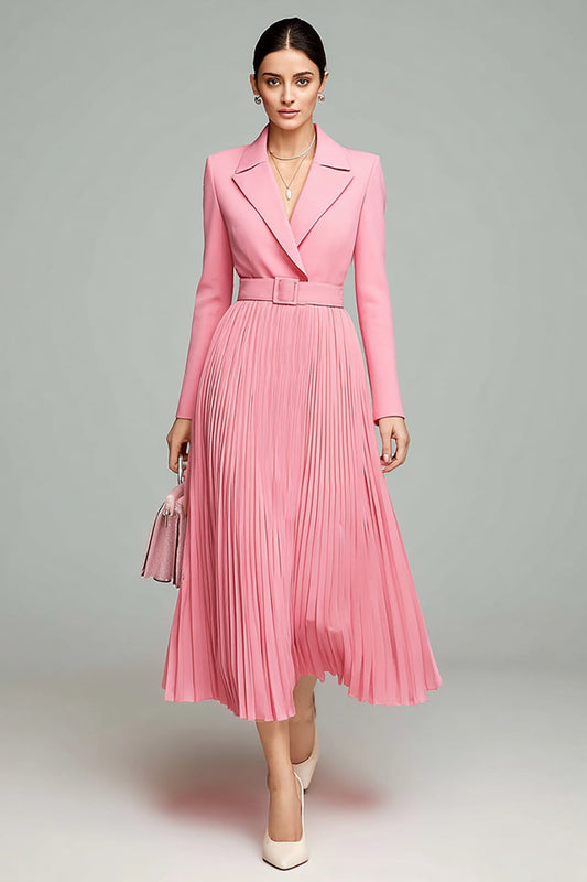 Pink A Line Pleated Long Sleeves Midi Blazer Dress with Belt