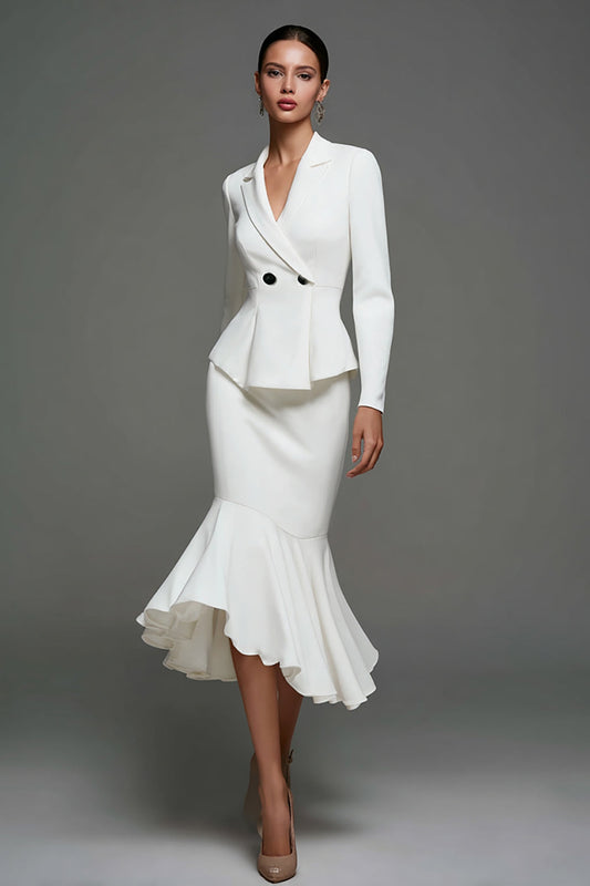 Ivory Ruffled Satin Notched Lapel Midi Blazer Dress with Sleeves