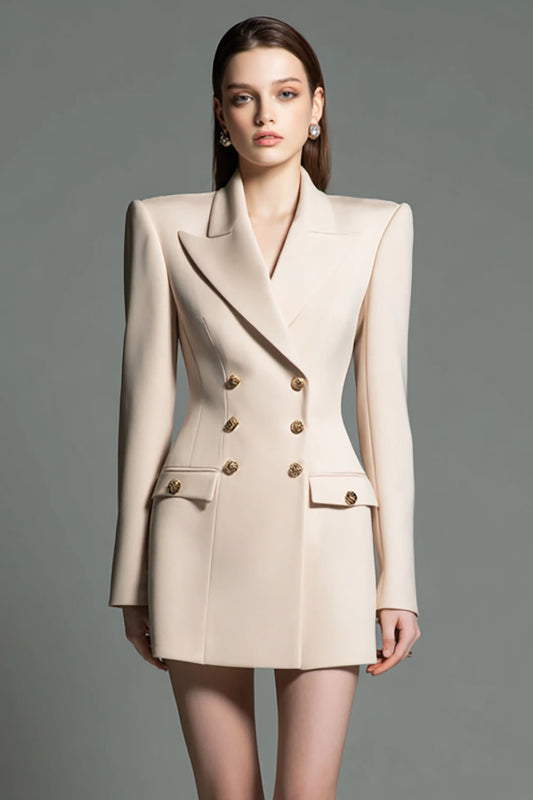Champagne Satin Double Breasted Peak Lapel Short Blazer Dress