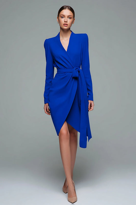 Simple Royal Blue V-Neck Bodycon Short Work Dress with Sash