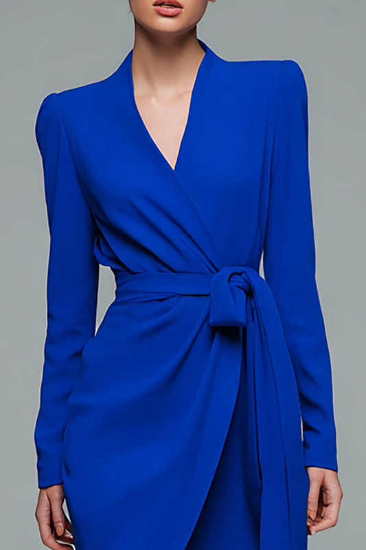 Simple Royal Blue V-Neck Bodycon Short Work Dress with Sash