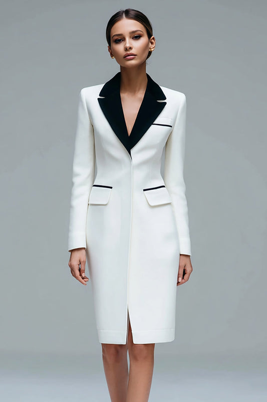 Ivory Satin Peak Lapel Short Bodycon Blazer Dress with Sleeves