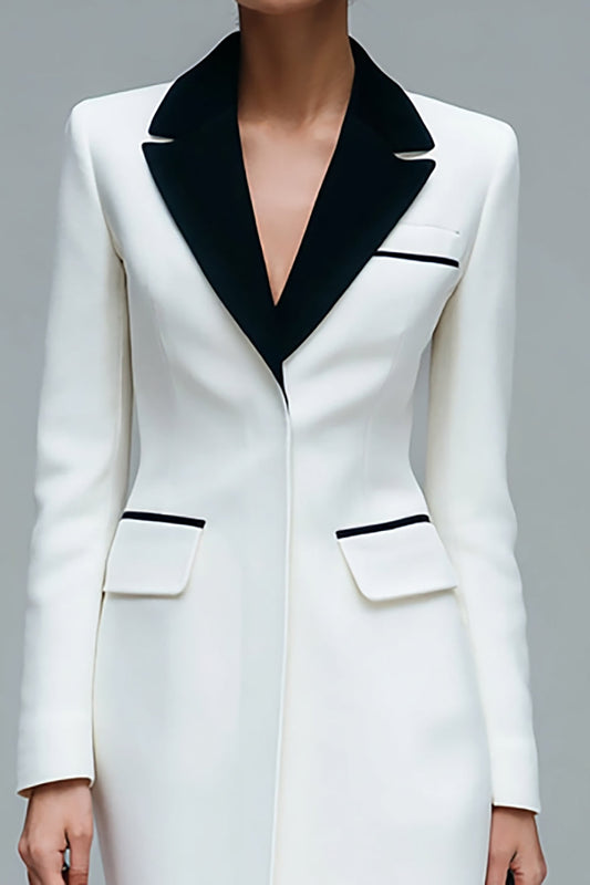 Ivory Satin Peak Lapel Short Bodycon Blazer Dress with Sleeves