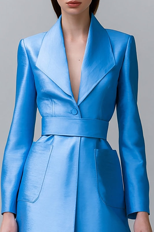 Blue Satin A Line Long Sleeves Midi Blazer Dress