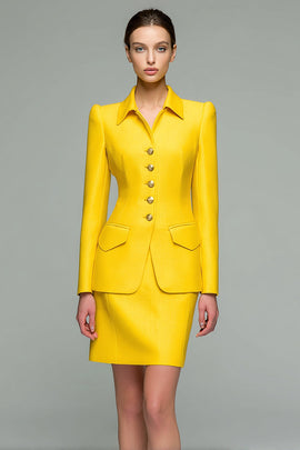 2 Piece Yellow Collar Pencil Satin Short Business Suits with Sleeves
