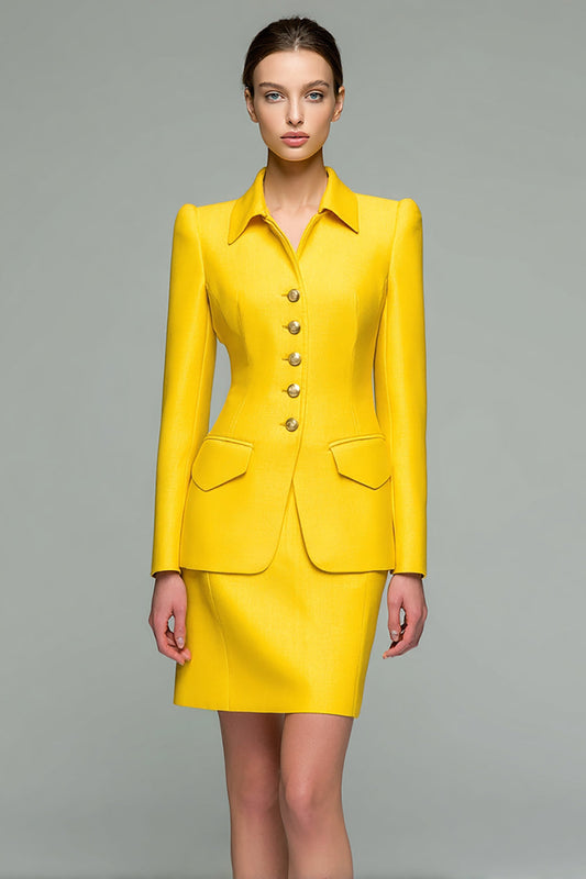 2 Piece Yellow Collar Pencil Satin Short Business Suits with Sleeves