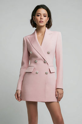 Pink Double Breasted Peak Lapel Short Pencil Blazer Dress with Sleeves