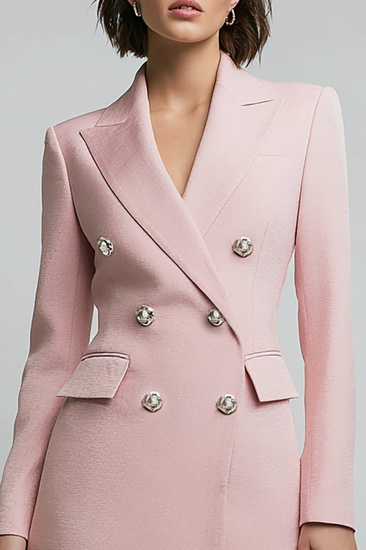 Pink Double Breasted Peak Lapel Short Pencil Blazer Dress with Sleeves