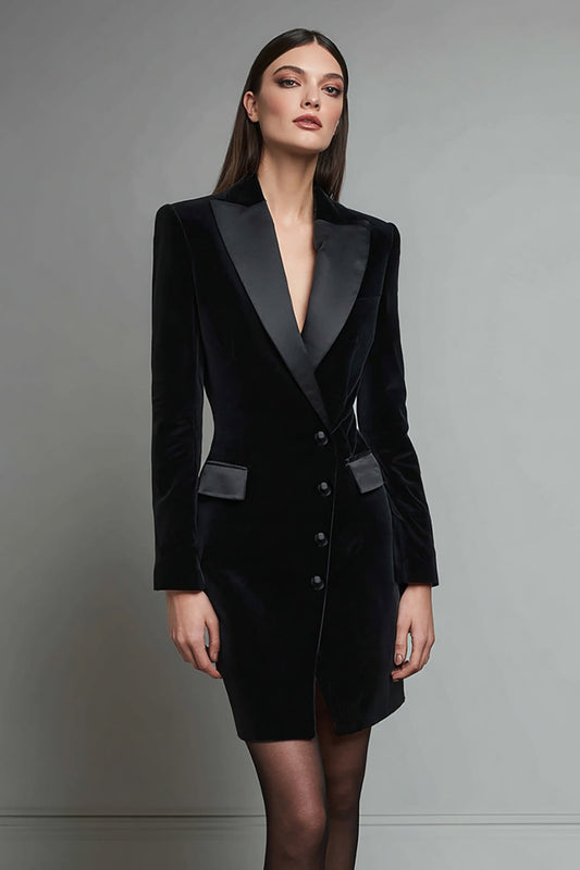 Black Velvet Pencil Shawl Lapel Short Blazer Dress with Sleeves